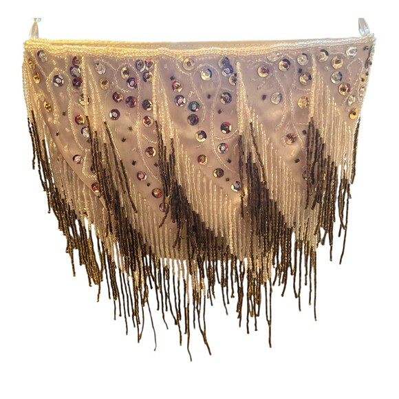 Vintage 1990s Cream & Bronze Beaded Fringe Satin-Finish Evening Bag Handmade - Picture 1 of 10